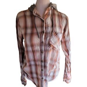 Mudd Womens Plaid Button Hoodie XS Rust Pink Gray Lightweight Cotton Modal